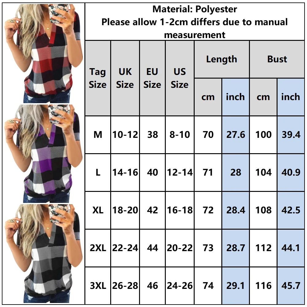 

Women's Plaid V-neck Tee Tops Office Ladies Casual Summer Fashion Short Sleeved T-shirts Female Regular Basic Style Tees D30