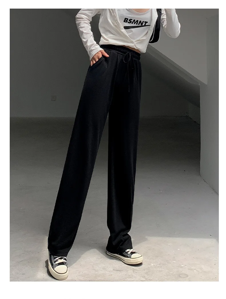 

Winter Solid Knitted Wide Leg Pants Women Drawstring Loose Casual Pants Lady High Waist Office Trousers New Bottoms 2020