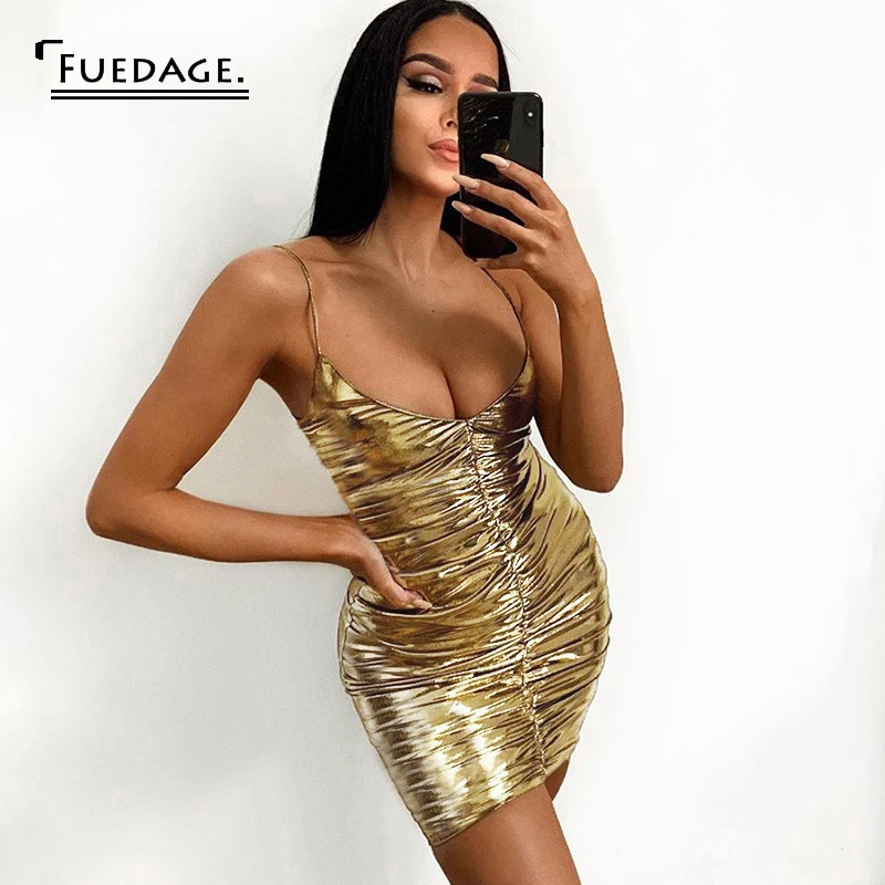 Fuedage пикантное Золотое Платье из искусственной кожи женское облегающее