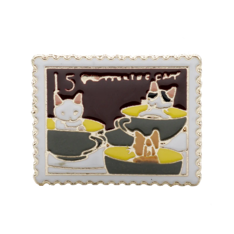 

Брошь на лацкан с гравировкой кофейного кота, эмалированная, формы марки
