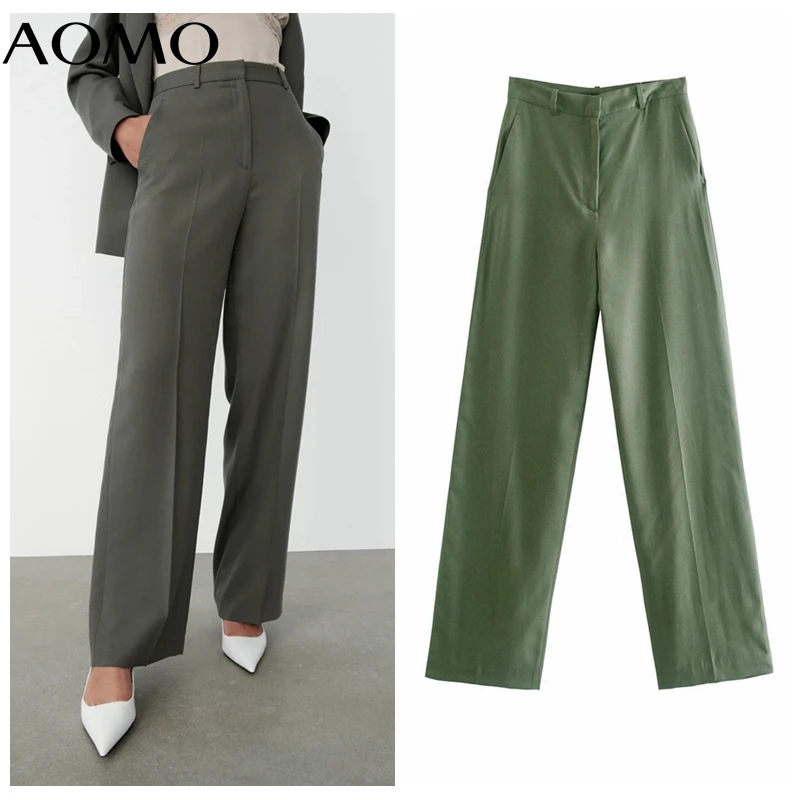 

AOMO 2021 Fashion Women Green Wide Leg Suit Pants Trousers Pockets Office Lady Elegant Pants Pantalon JE208A