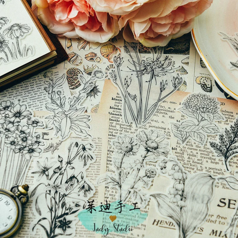 Винтажные Стикеры для рисования растений черно белые эстетические наклейки