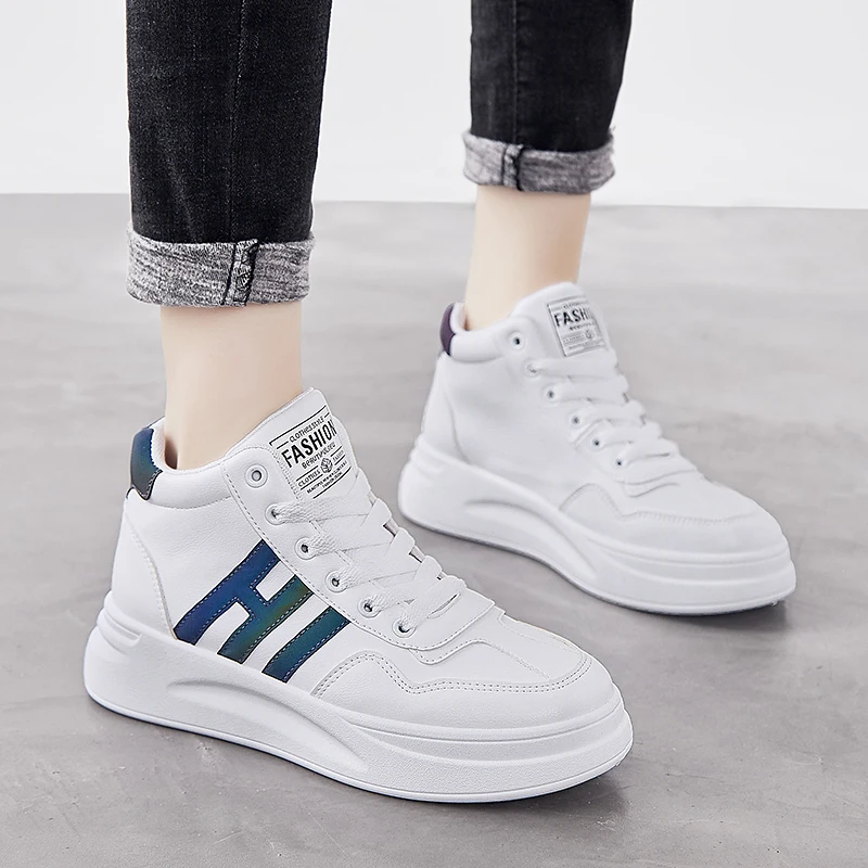 Высокие кожаные модные кроссовки на толстой подошве женская обувь плоской zapatos