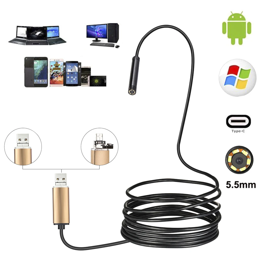 

5.5mm 10M 5M Endoscope Camera USB Type C Cable 2in1 6LED Inspection Borescope for Android PC Endoscope Inspection Camera