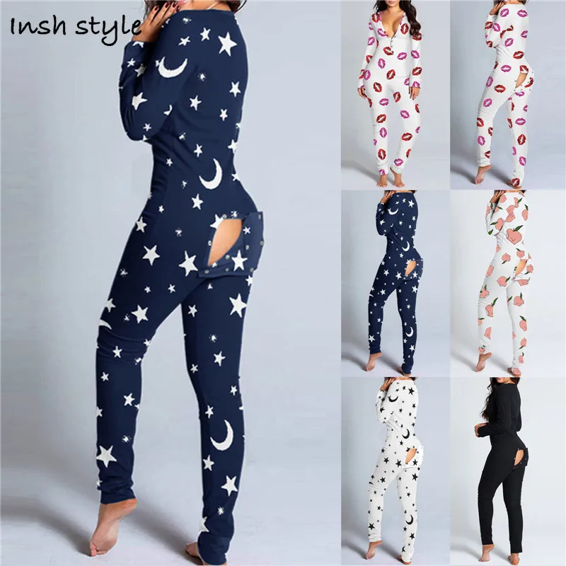 

2021 Summer Womens Onesie Pajamas Button-style Front Function Button Flap/V-neck Long-sleeved Jumpsuit Pajamas/