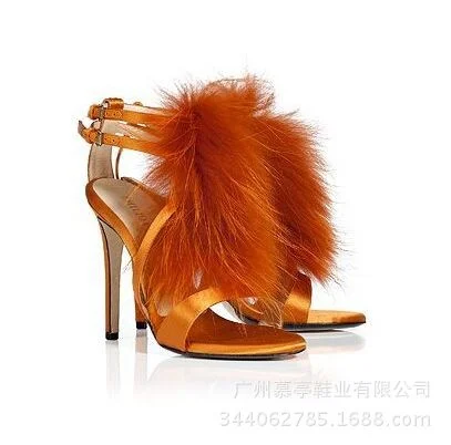

Roman style new solid rabbit hair stage Shoes Sandals Heels