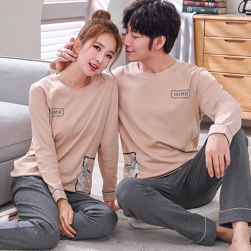 

Men Clothing Autumn 100% Cotton Couple Pajamas Men Women's Pijama Lady Pajama Sets Fashion Lounge Sleepwear Gift