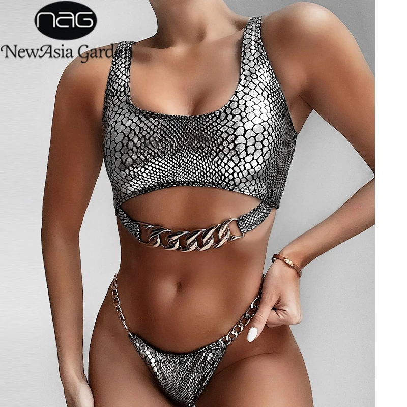 Сексуальный женский купальник NewAsia из змеиной кожи комплект бикини с цепочкой