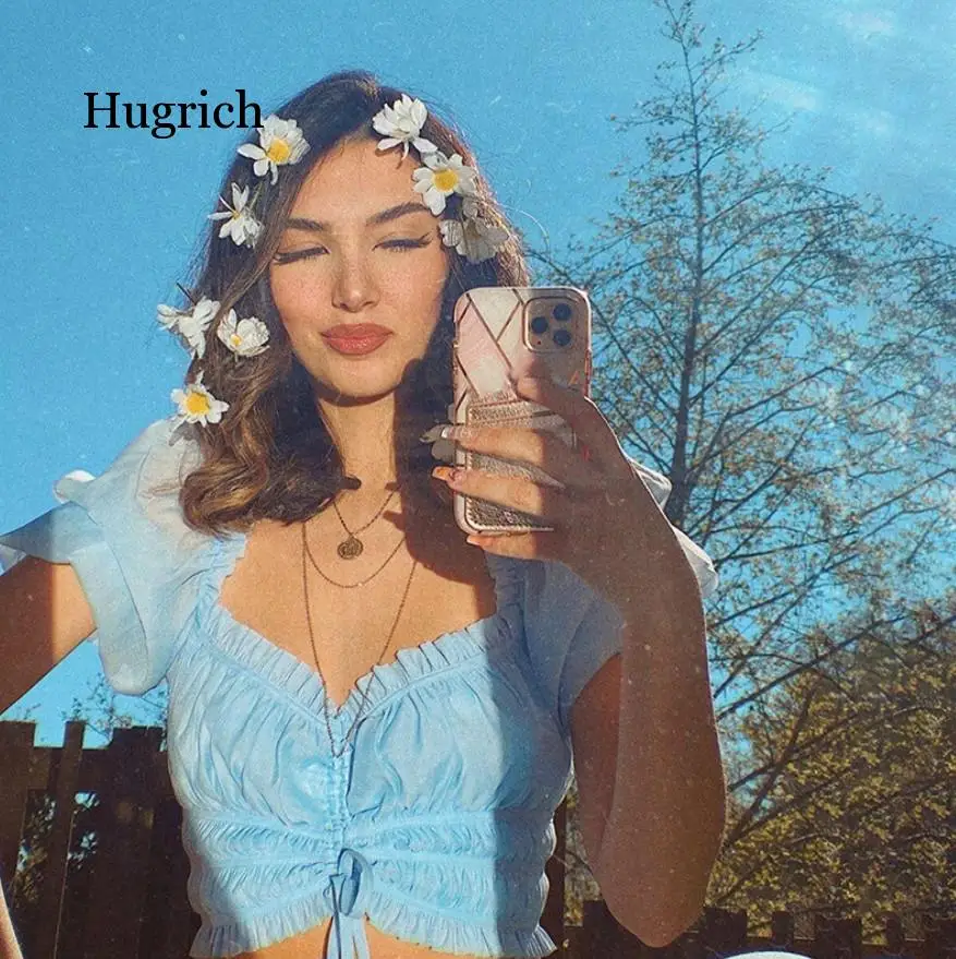 

2021 French Retro Style Summer Girl Fresh Mint Blue Puff Sleeve Short Top