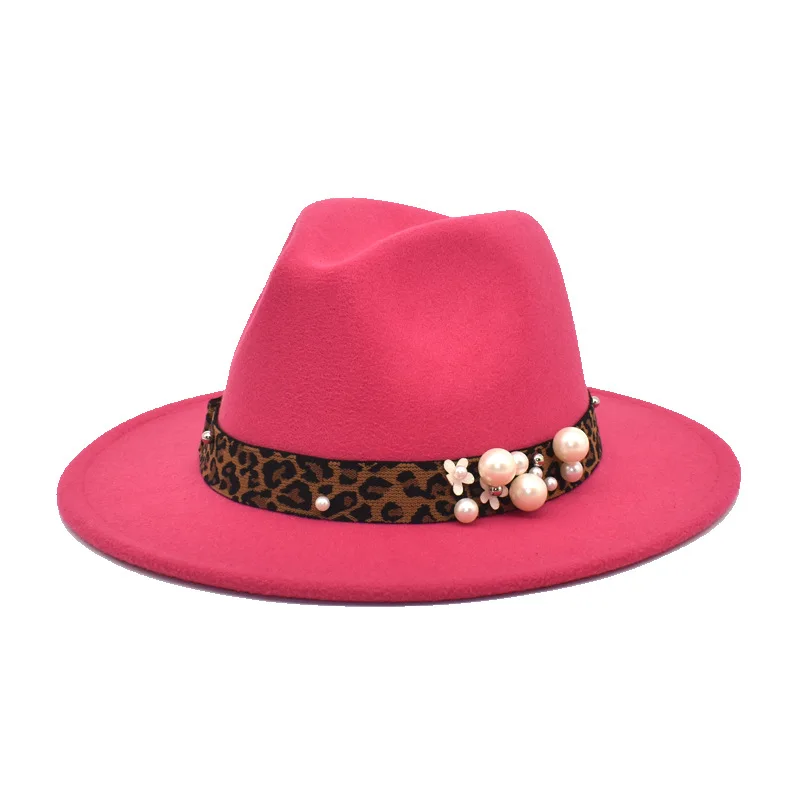 

Jazz hat European and American autumn and winter pearl hat leopard pattern accessories women's woolen hat