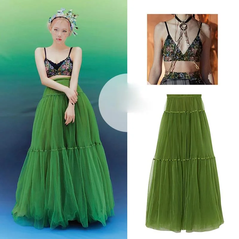 

Kpop Korean Celebrity ROSE Sexy Strapless Deep V-Neck Short Camisole Vest Tops+Vintage Green Cake Long Skirts Women 2 Piece Sets