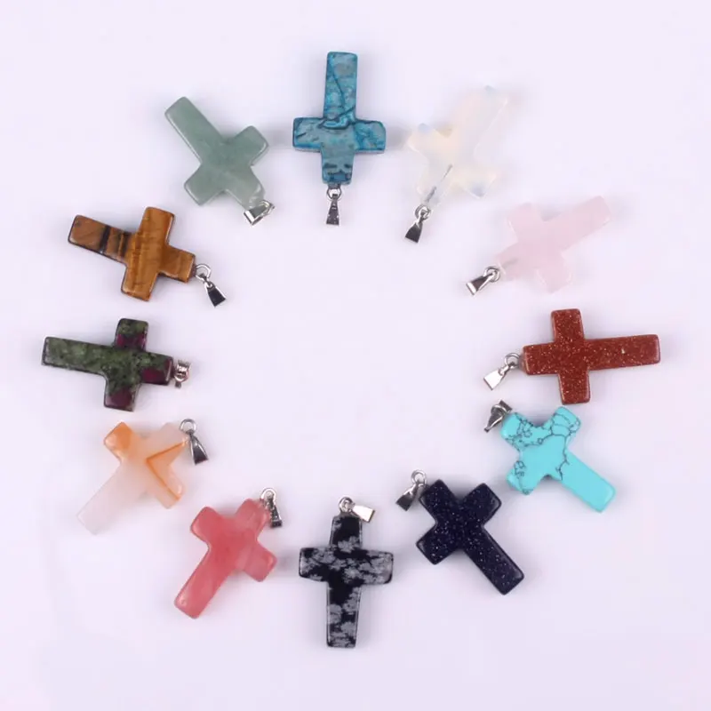 

Fashion DIY Natural Crystal Stone Handmade Cross Pendant Necklaces For Women Men With Chains Jewelry