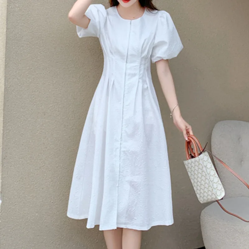 

High Quality Vintage French Hepburn White Dress 2021 Summer New Short Sleeves Zipper Slim Midi Elegant Party Dress Dress Vestido