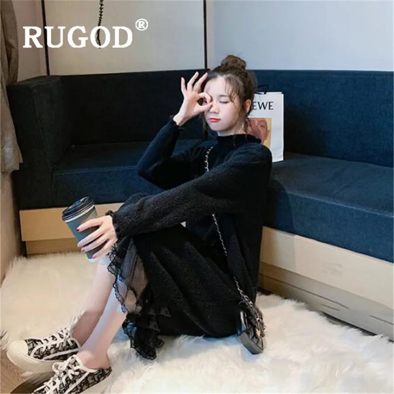 RUGOD новый осенний винтажный свитер платья для женщин водолазка тягучий край