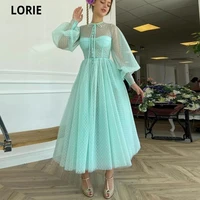lorie shiny fairy prom dresses high neck peach tulle a line short sleeves arabic wedding party gown for graduation