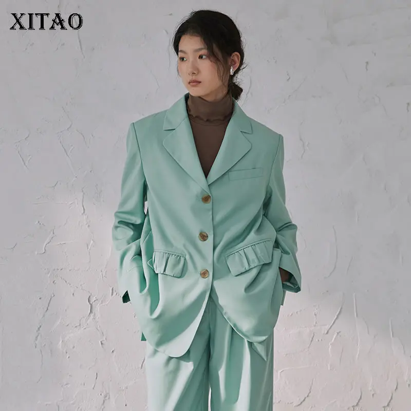 

XITAO, новинка, Женский блейзер, пальто, модное, со складками, с Боковым Разрезом, осень 2021, однотонный, простой, весна-осень, универсальный топ, ...