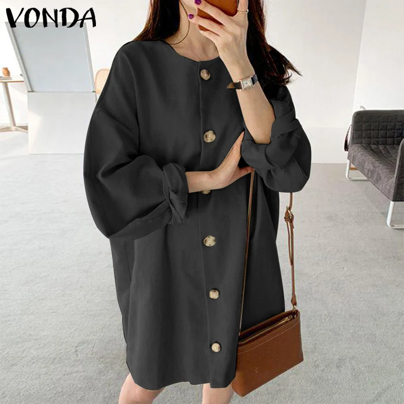 

Autumn Short Dress VONDA 2021 Women Casual Loose Button Down O Neck Loose Long Sleeve Dresses Ladies Bohemian Vestidos Oversized