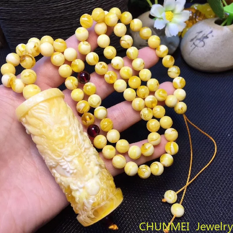 

Natural Beeswax Baltic Amber Original Stone Dragon Column Pendant Necklace Men Hand-carved Sweater Chain Gifts For Women Jewelry