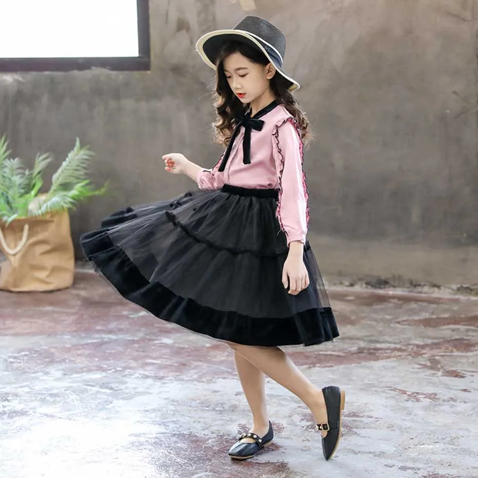 Детская одежда блузка + сетчатая юбка комплект одежды из 2 предметов для девочек в