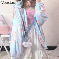 spring sweet lolita style thin hoodies girls loose cute cartoon baby bear print zipper hooded sweatshirt women kawaii outerwear