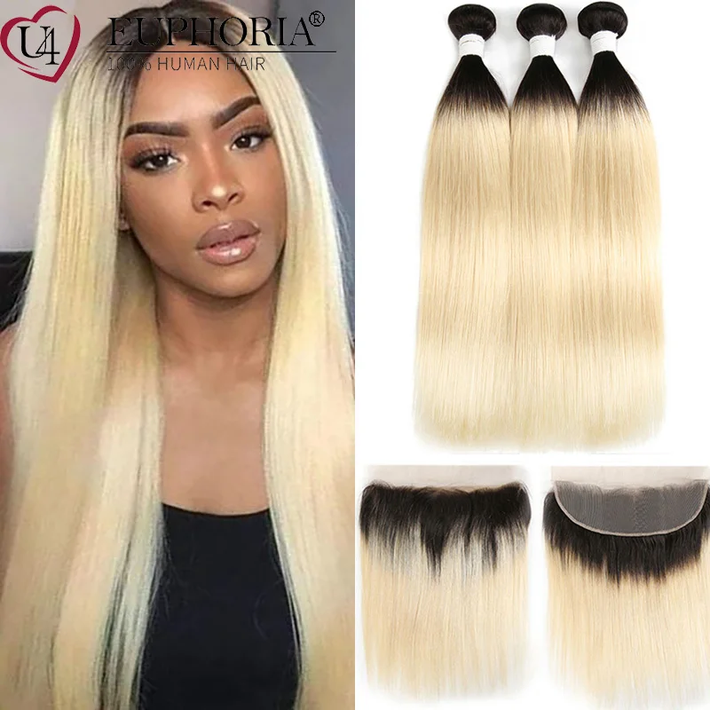

Ombre blonde 613 Straight Brazilian Remy Human Hair 3 Bundles With Lace Closure Frontal OT613 Bundles With Frontal EUPHORIA