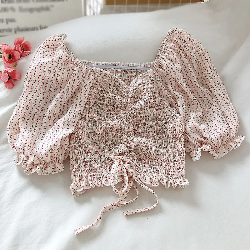 

Women's Blouses Shirts Print Slash Neck Sexy Sweet Pleated Exposed Navel Short Sleeve Chiffon Shirt Tops 2020