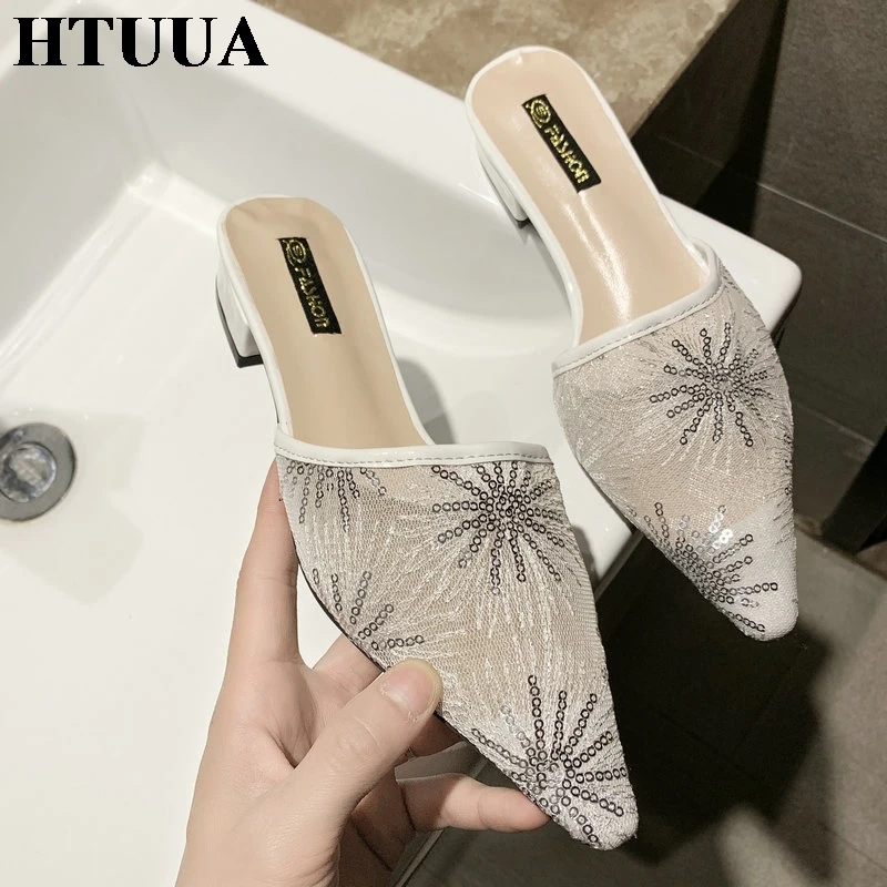 HTUUA/; вышитые шлепанцы с дышащей сеткой; женские шлепанцы с острым носком; шлепанцы на маленьком каблуке; Летняя женская обувь; SX2520