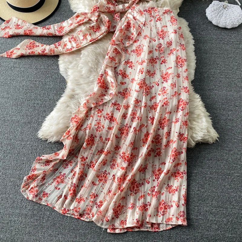 

Bohemian Women 2pcs Set Spring Summer 2021 Sexy V-Neck Short Sleeve Bandage Tops + High Waist Ruffle Long Skirt Fashion Suit New