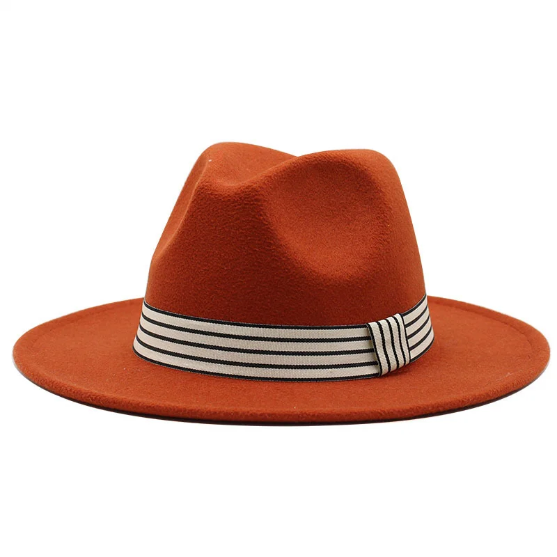 

Hot Selling Woolen Fedora Hats Ladies Striped Retro Flat Brim 58CM Straight Side Men Women Jazz Top Hat Solid Color Panama