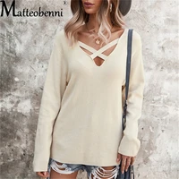 2021 new women hollow out v neck sexy solid color autumn winter sweater pullover ladies knitted loose long sleeves sweater tops