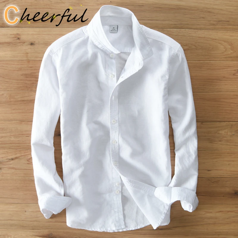 

Рубашка мужская приталенная с длинным рукавом, модная сорочка из хлопка и льна в японском стиле, Повседневная белая импортная одежда, весна-...