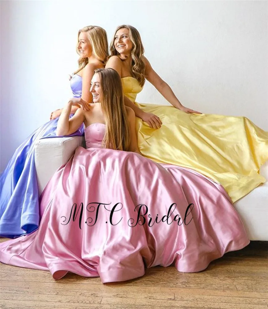 

Gorgeous Pink Long Satin Formal Prom Dresses Strapless A Line Pockets Women Wedding Party Dress High Quality 2019 Robe De Soiree