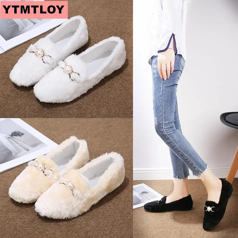 Женская обувь с жемчугом Lok Fu удобная плюшевая на плоской подошве Осень зима