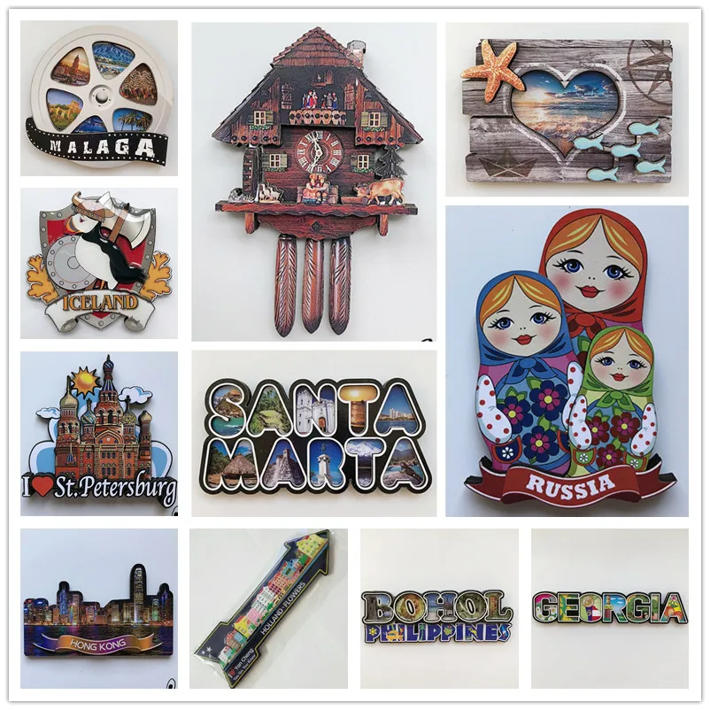 

Korea Russia Iceland Etc. Bali Acrylic Wood Magnet Tourist Souvenirs Refrigerator Magnetic Stickers Decoration Articles
