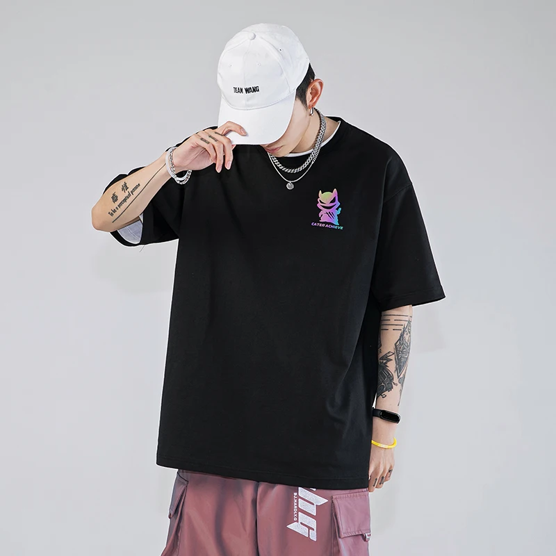 

2021 Summer New Colorful Reflective T-shirt Male Little Devil Printed Tide Brand Short Sleeve T-shirt