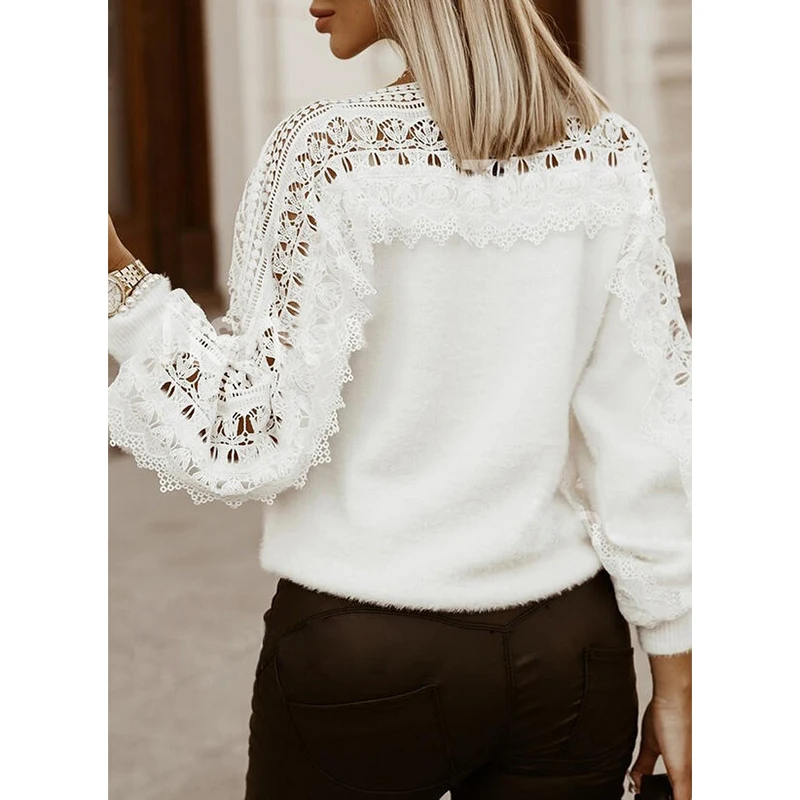 

Autumn Winter Sweaters For Women White Casual Loose Elegant Pullover Fashion Sexy Hollow Out Lace O Neck Long Sleeve Lady Tops