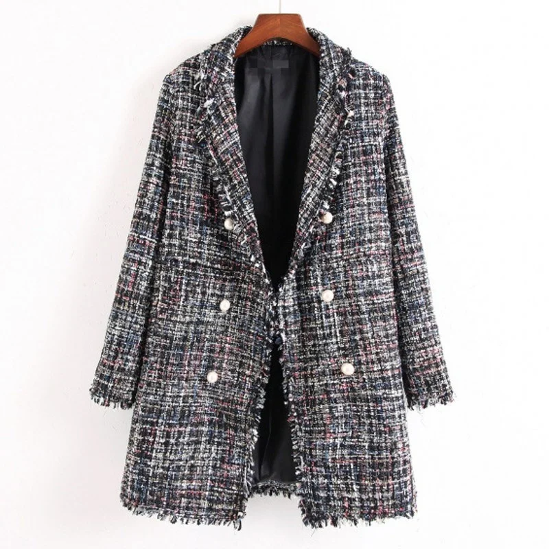 

XUXI Autumn Winter 2021 Mid-length, Tweed, Pearl Buckle, Tassel, Plaid Stitching Large Size Women Coat E2469