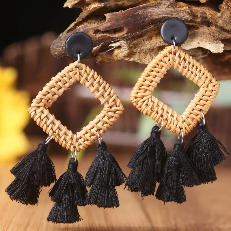 

Rattan Weaving Geometric Layers Tassel Dangle Drop Earrings for Women Classic New BOHO Trendy Jewelry Gift Wholesale