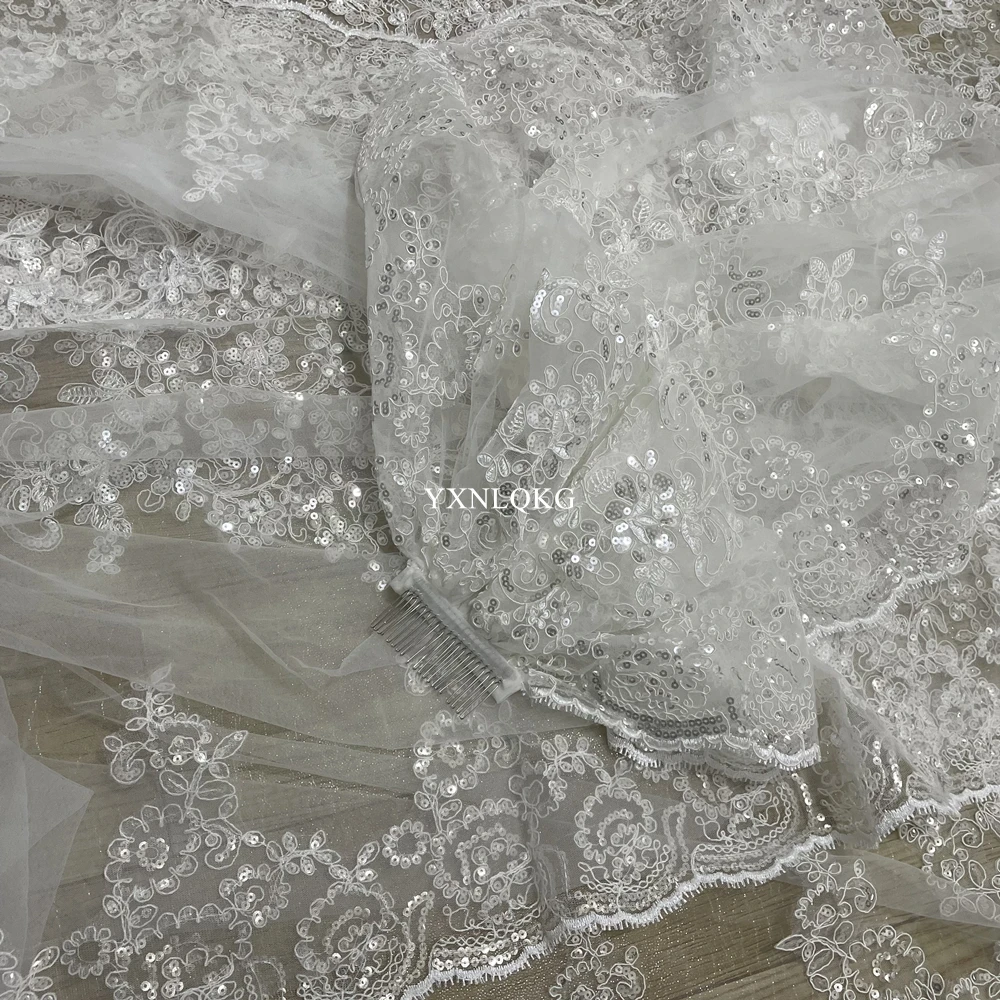 New Luxury Cathedral Veil 3M Bridal Veils Sequins Appliques Lace Edge Custom Made Long Wedding Veils Sequins Wraps