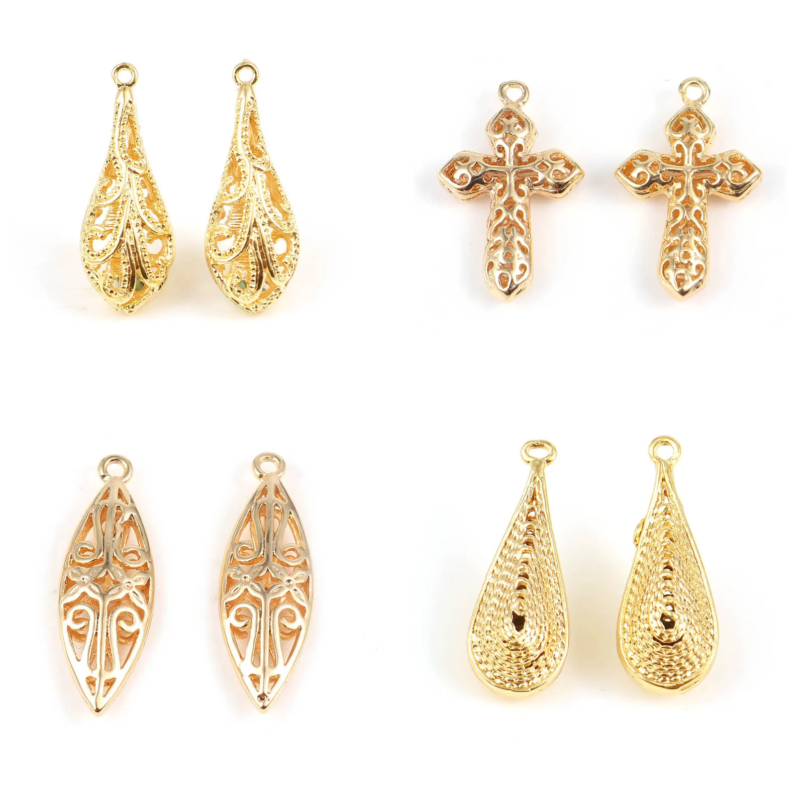

2pcs 3D Religious Hollow Charms 18K Gold Color Metal Filigree Pendants Cross Drop Charm For DIY Earring Necklace Jewelry Finding