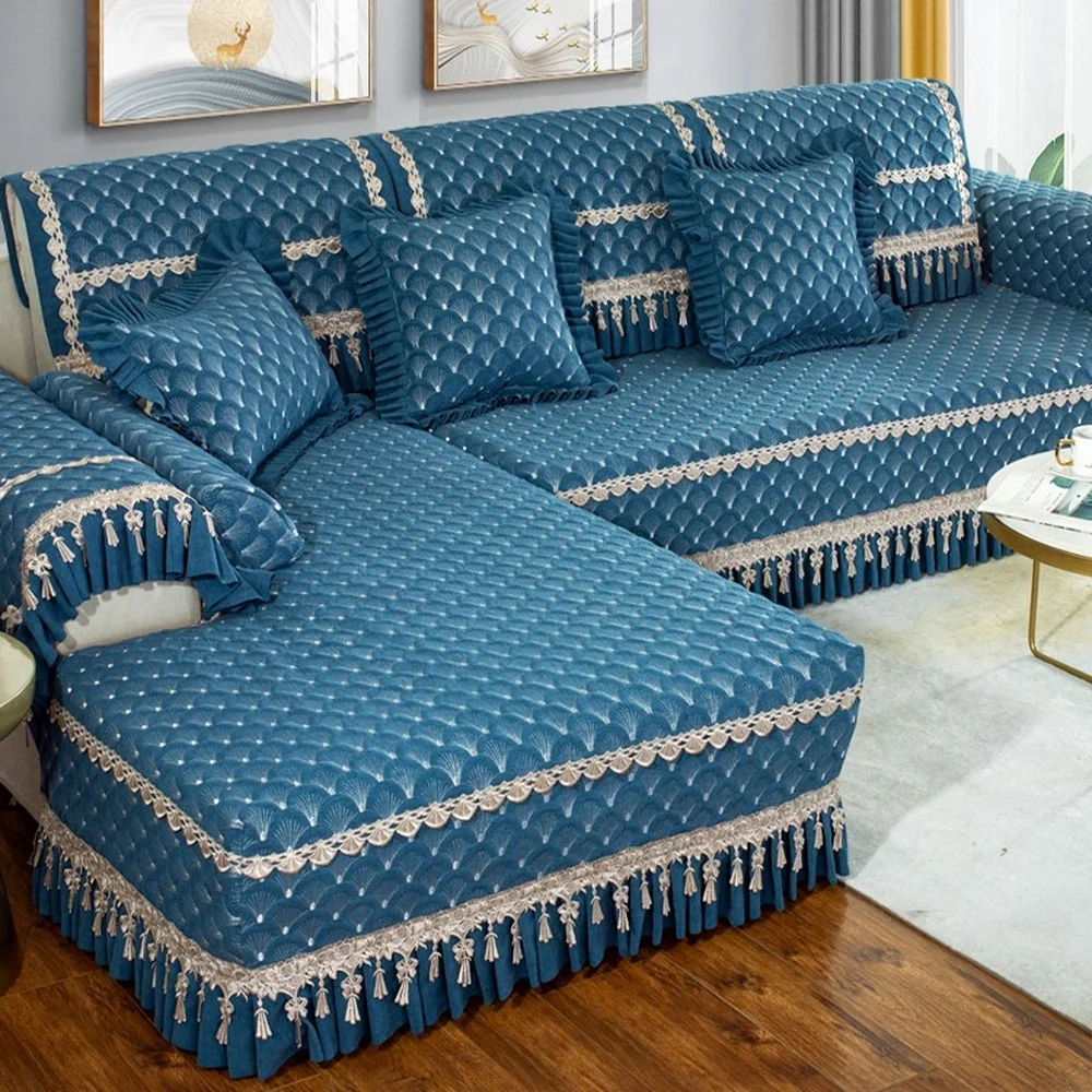 

Full Set of Luxury Sofa Covers Royal Blue Chenille Sofa Sets Cozy Soft Sofa Towel Slipcover Cushion Backrest Combination Kit A1