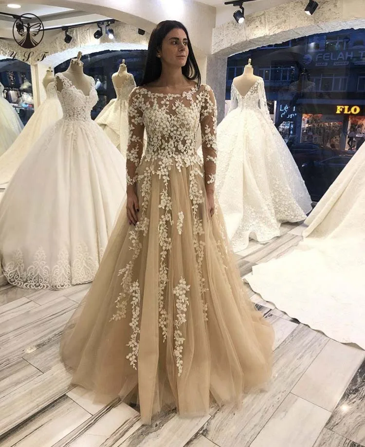 

Design Prom Dresses O Neck Appliqued Lace Long Sleeve Sheer Bodice Floor Length Champagne Prom Dresses
