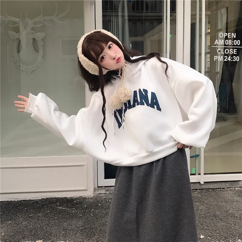 

Lucyever Hoodies Womens Hooded Oversize Thick Plus Velvet Loose False Two-piece Letter Print Gray Woman Hoodie Sweatshirt Women