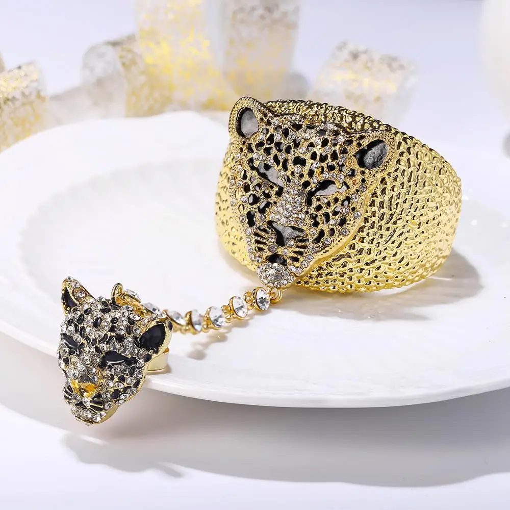 Пантера Браслет леопард набор колец для женщин животных с кристаллами браслет