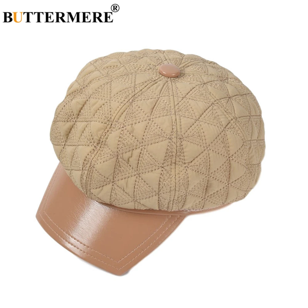 

BUTTERMERE Octagonal Cap Winter Hats for Women Pu Leather Patchwork Khaki Black 2021 New Brand Female Flat Cap