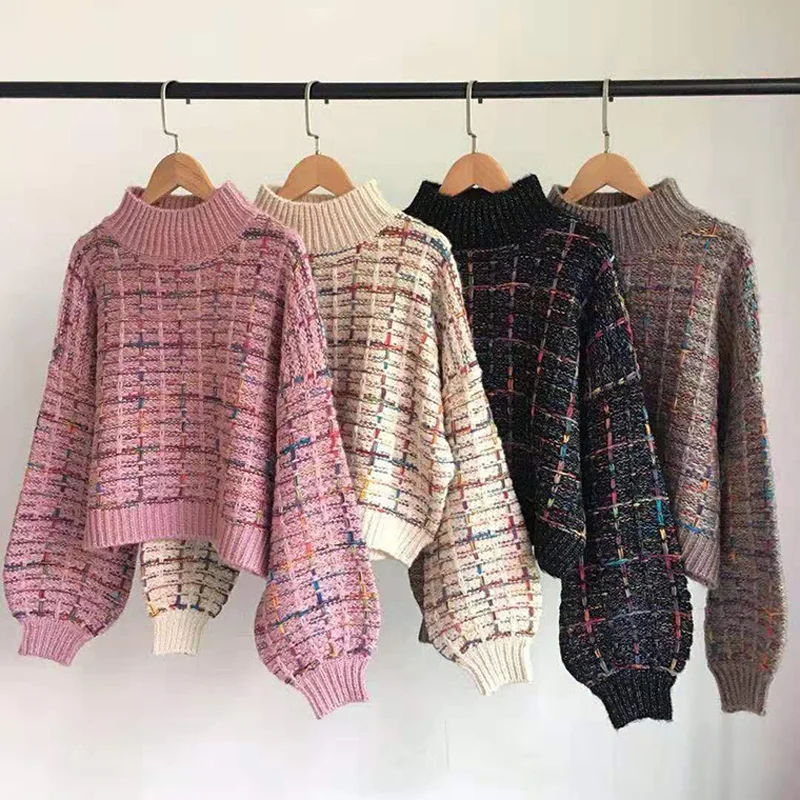 

2020 Autumn Winter New Plaid Sweater Women Korean Lazy Wind Short Loose Casual Checkered Sweater Lantern Sleeve Pullovers Girls