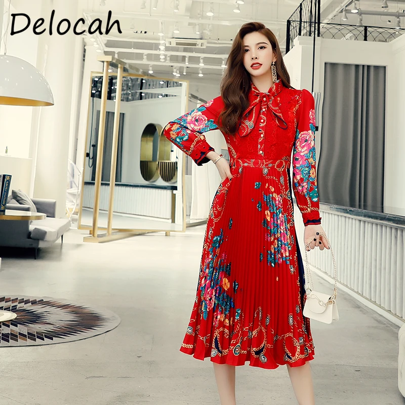 

Delocah женское модное летнее дизайнерское нарядное плиссированное платье с бантом, кружевное платье с цветочным принтом, женские платья миди