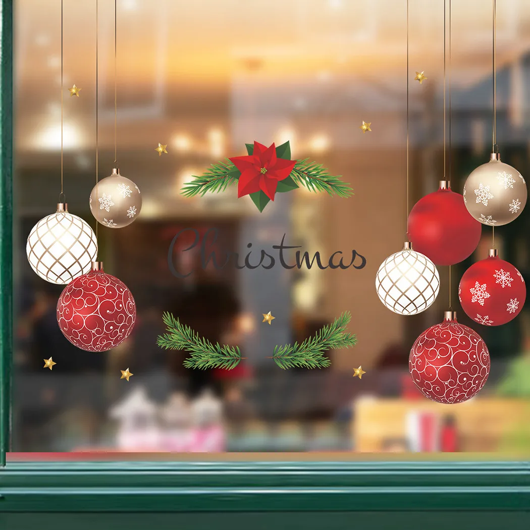 

2pcs Christmas Theme Wall Sticker PVC Red Christmas Ball Flower Pattern Door Window Stickers Xmas Party Decor 30x90cm