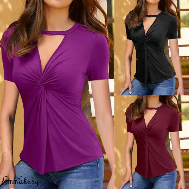 Новая мода плюс размер женская блузка рубашка чокер v-образный вырез однотонная