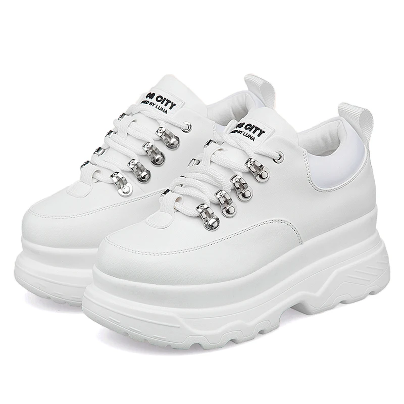 

New Fall Winter Women Casual Sneakers Flat Platform Metal Buckle Lace-Up White Black Sprot Shoes Thick Bottom Increase PU